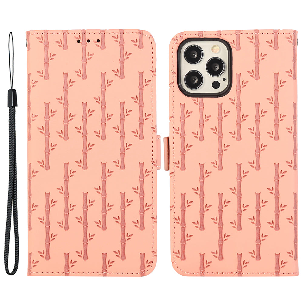 Skin-touch Flip Cover for iPhone 14 Pro Max Lucky Bamboo Imprinted Phone Case with Strap Skin-touch Flip Cover for iPhone 14 Pro Max Lucky Bamboo Imprinted Phone Case with Strap
